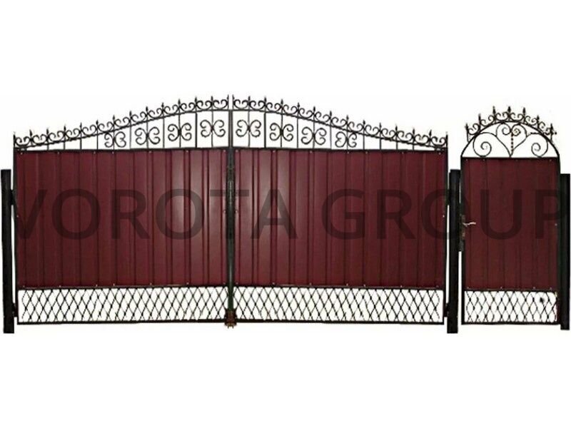 Распашные ворота Алютех коричневые с отдельностоящей калиткой